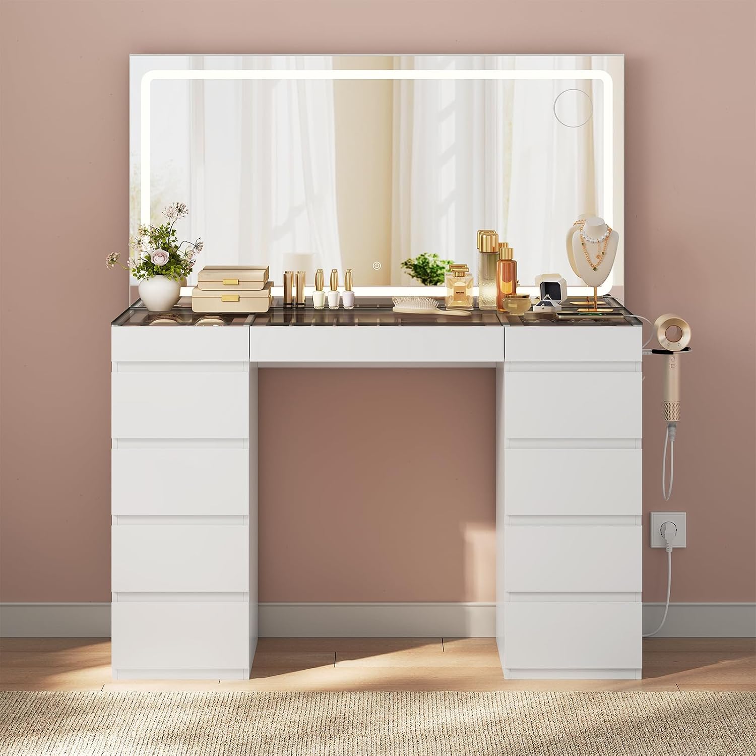 Coiffeuse Premium avec Grand Miroir LED et Grande Capacité de Rangement