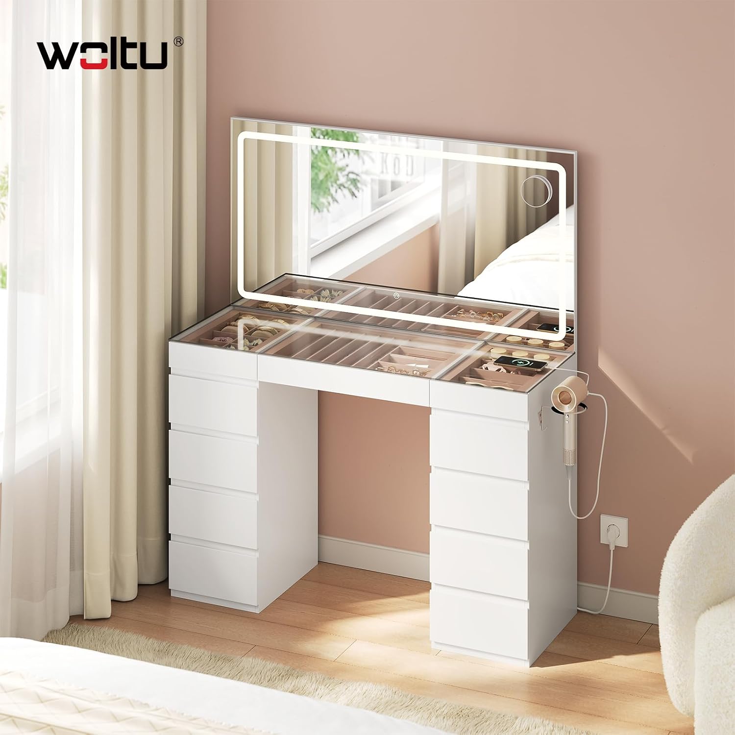 Coiffeuse Premium avec Grand Miroir LED et Grande Capacité de Rangement