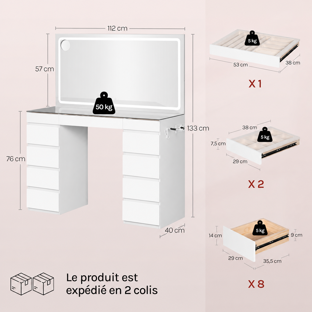 Coiffeuse Premium avec Grand Miroir LED et Grande Capacité de Rangement