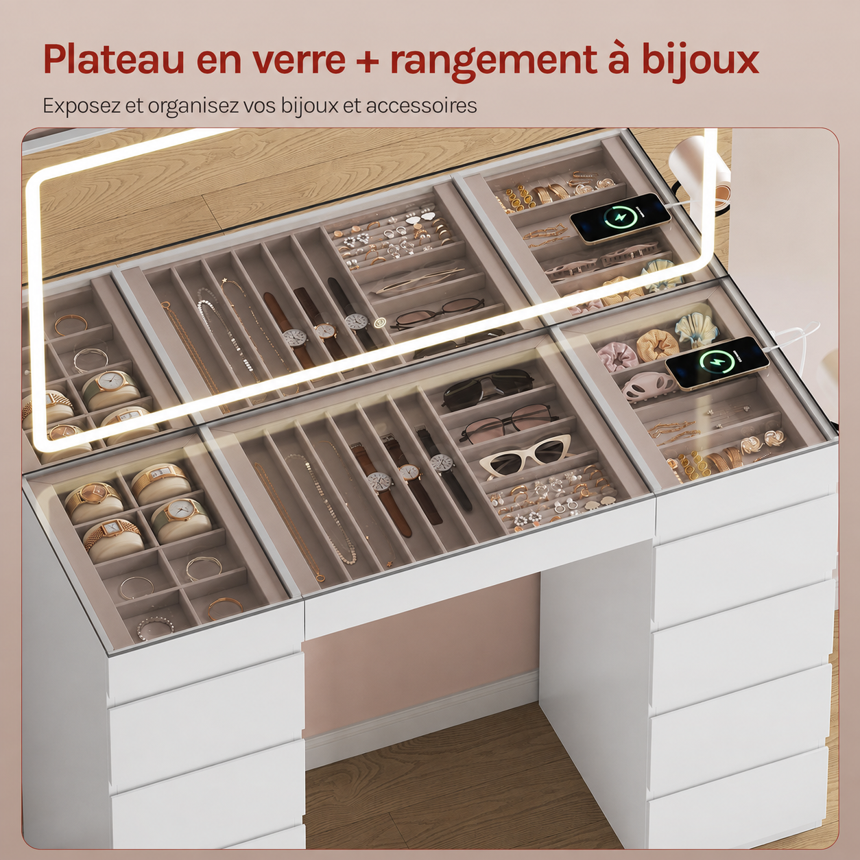 Coiffeuse Premium avec Grand Miroir LED et Grande Capacité de Rangement