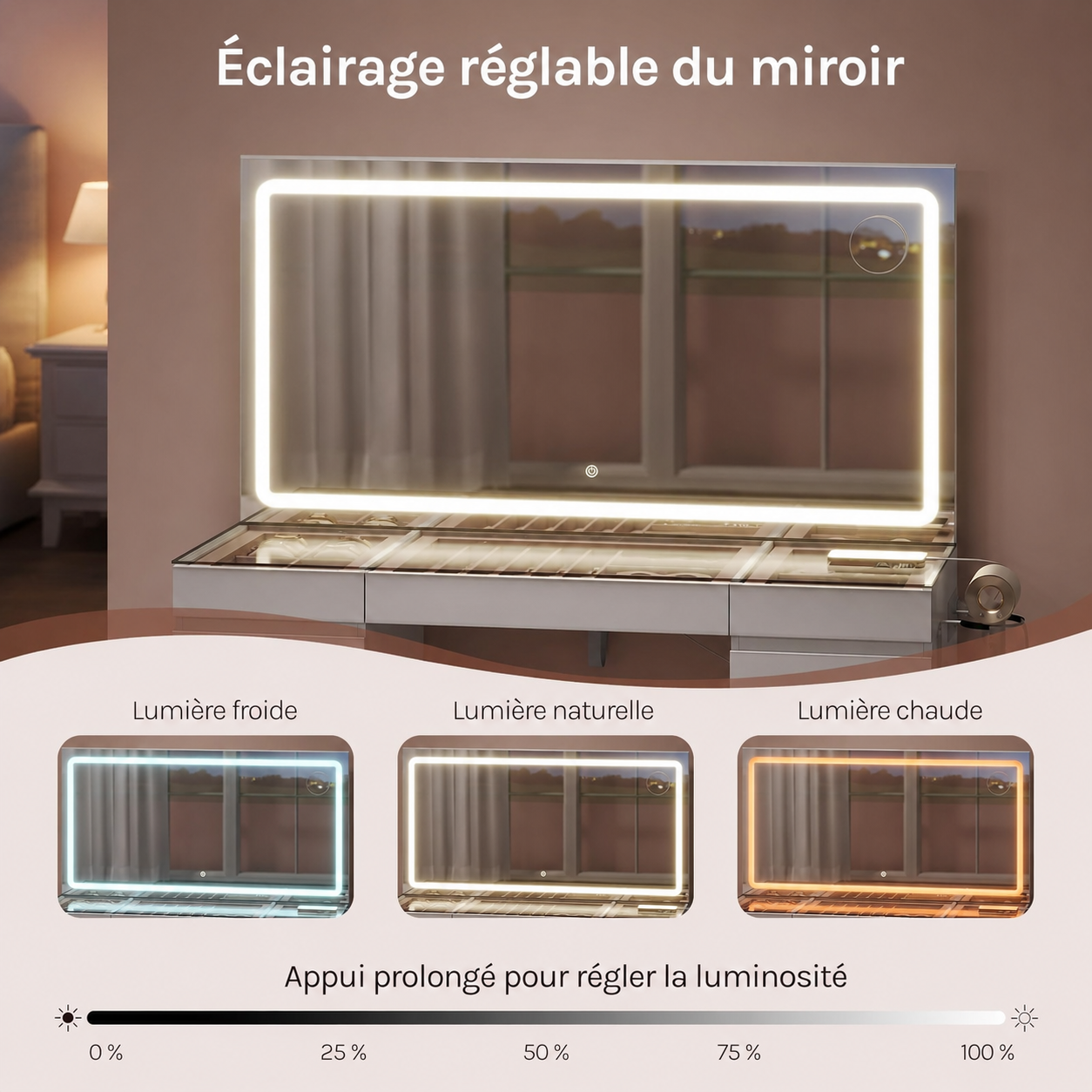 Coiffeuse Premium avec Grand Miroir LED et Grande Capacité de Rangement
